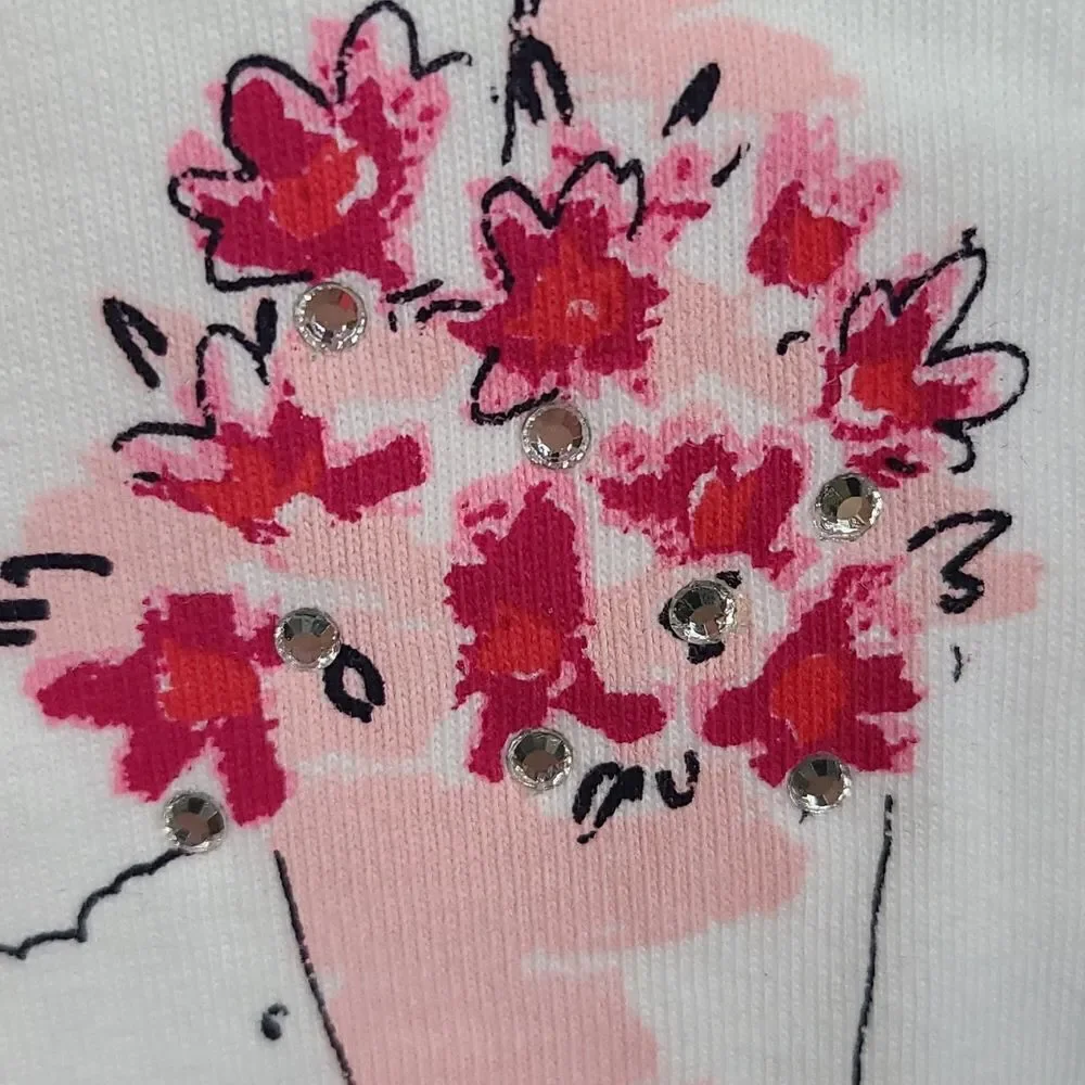 Gymboree Girls 4 White Glitter T-Shirt Top 3D Flowers Cat Rhinestone Sparkle NWT